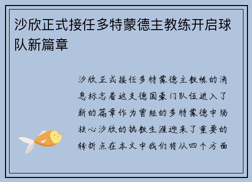 沙欣正式接任多特蒙德主教练开启球队新篇章
